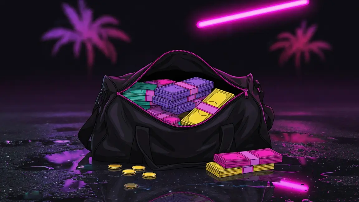 Sac de sport noir débordant de liasses de billets sur l'asphalte mouillé, sous un néon rose