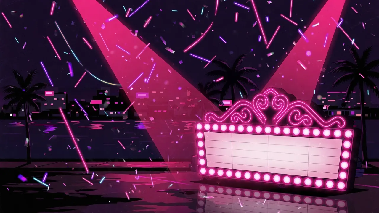 Enseigne de cinéma néon rose sous les confettis, front de mer nocturne