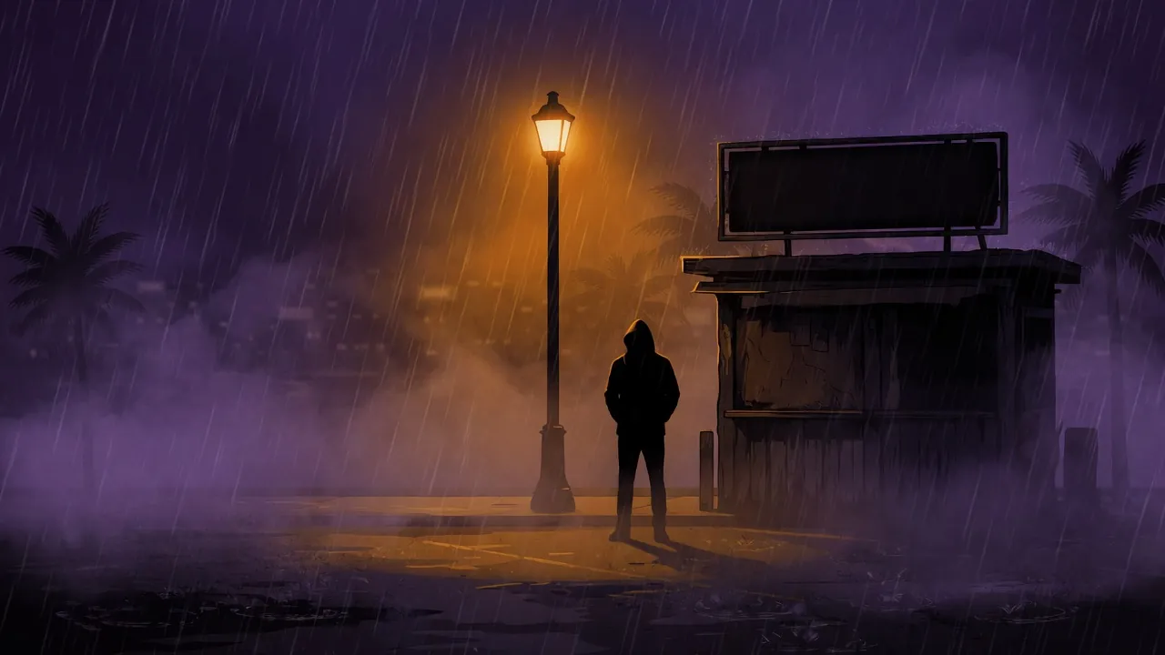 Silhouette encapuchonnée sous la pluie près d'un kiosque, lampadaire orange