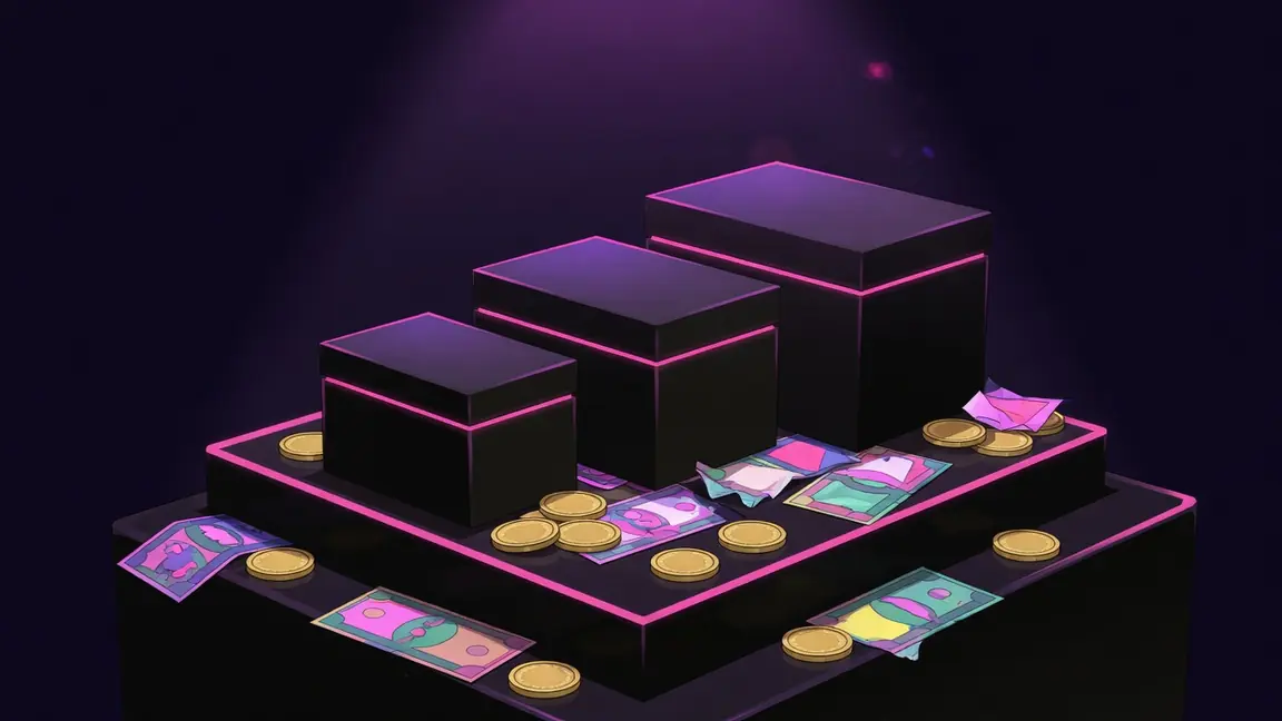 Trois coffrets noirs de tailles croissantes sous un projecteur, pièces et billets épars