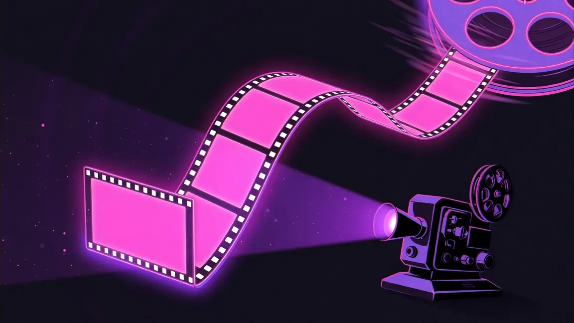 Pellicule de cinéma en néon rose se déroulant vers un projecteur vintage