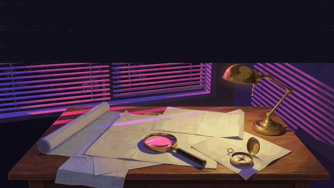 Table de planification couverte de plans, loupe et boussole sous une lampe, néons dans les stores