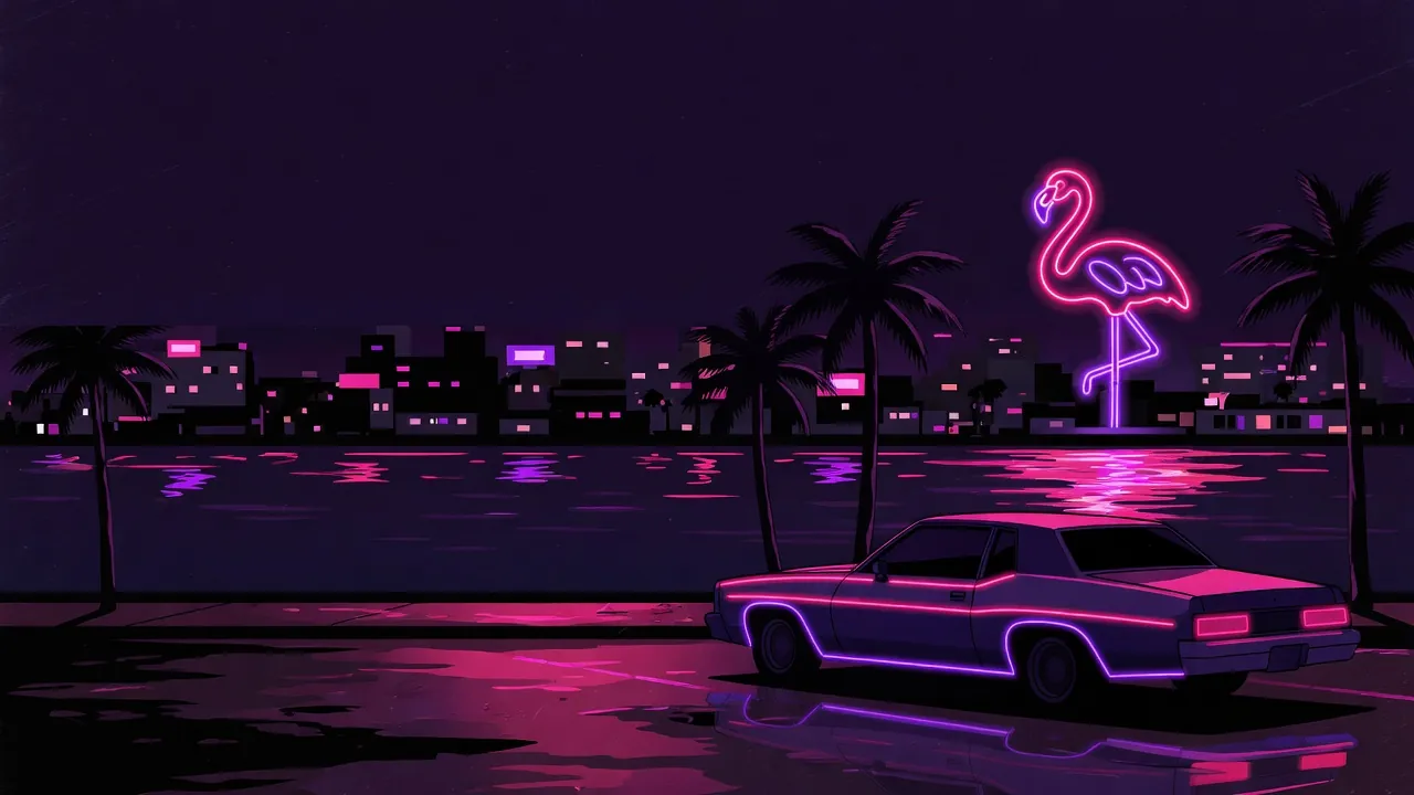 Front de mer nocturne aux néons rose et violet : flamant néon géant, palmiers et voiture ancienne